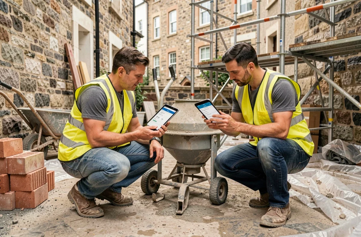 Deux ouvriers sur un chantier consultent les tarifs de location de matériel sur une tablette numérique