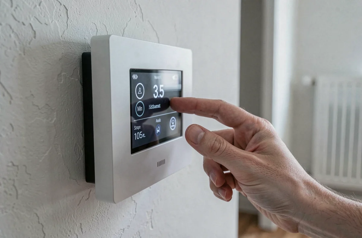 Panneau de contrôle numérique d'une pompe à chaleur 16 kW affichant la consommation énergétique
