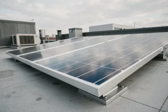 Panneau solaire biverre installé sur une toiture plate urbaine, vu en contre-plongée pour souligner la robustesse de sa double surface en verre trempé