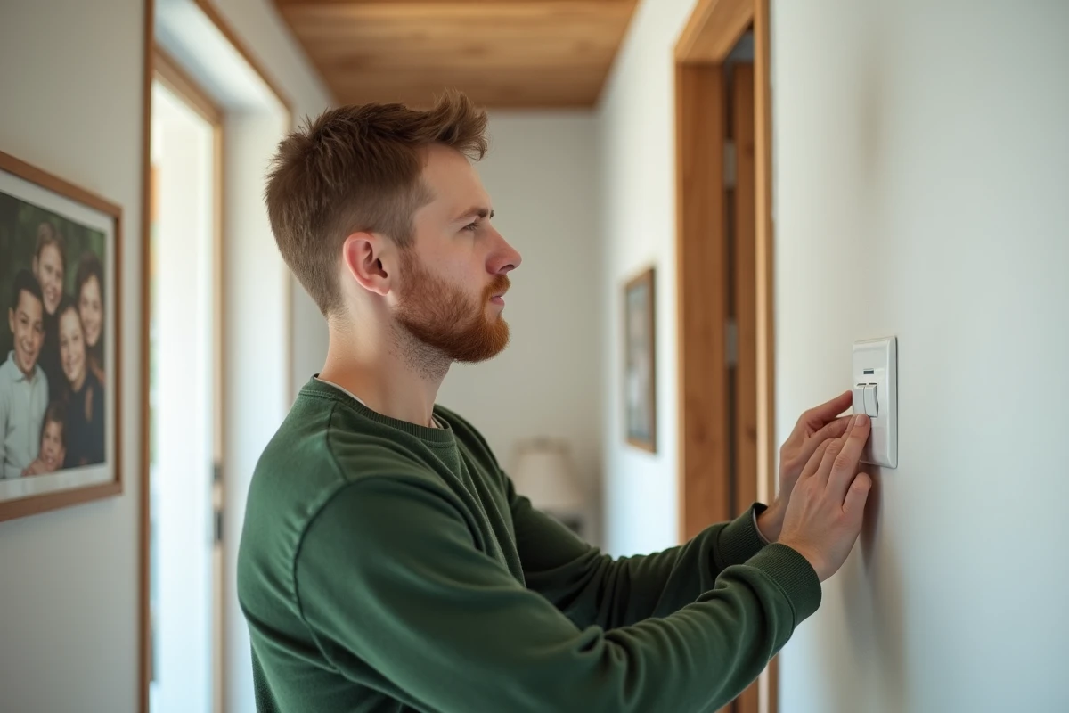Jeune père installant un panneau d interrupteurs dans un couloir