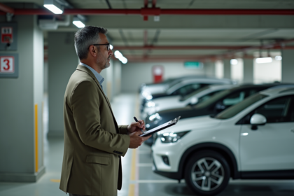 Homme d'âge moyen dans un parking souterrain résidentiel