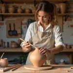 Femme peignant un vase en argile autodurcissante avec de la peinture acrylique terre cuite dans un atelier artisanal