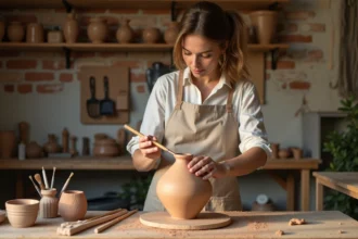 Femme peignant un vase en argile autodurcissante avec de la peinture acrylique terre cuite dans un atelier artisanal
