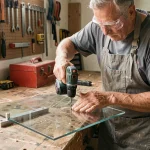 Homme perçant une feuille de plexiglas avec une perceuse sans fil dans un atelier de bricolage maison