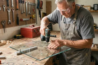 Homme perçant une feuille de plexiglas avec une perceuse sans fil dans un atelier de bricolage maison