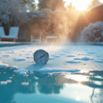 Piscine extérieure couverte en hiver avec brume matinale