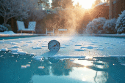 Piscine extérieure couverte en hiver avec brume matinale
