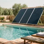 Piscine extérieure chauffée par des panneaux solaires thermiques installés sur un toit en tuiles dans un jardin méditerranéen