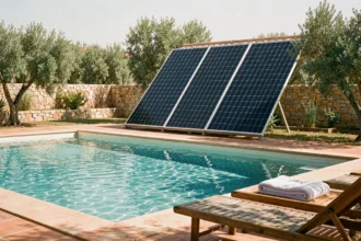 Piscine extérieure chauffée par des panneaux solaires thermiques installés sur un toit en tuiles dans un jardin méditerranéen