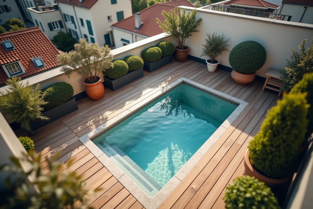 Vue aérienne d'une petite piscine plongeante sur terrasse urbaine respectant les dimensions non imposables