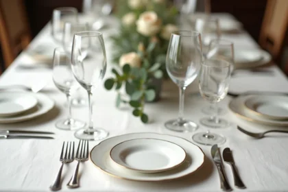 Art de dresser une table élégante avec verres à vin, flûtes à champagne et verres à eau disposés selon les règles du protocole