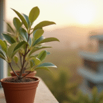 Eucalyptus en pot en terre cuite sur balcon ensoleille
