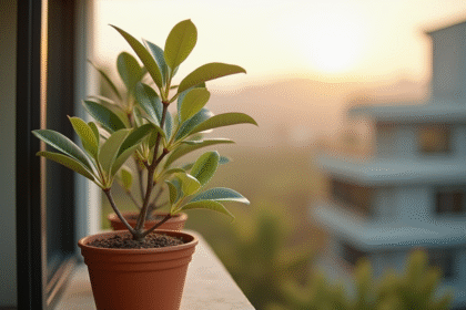 Eucalyptus en pot en terre cuite sur balcon ensoleille