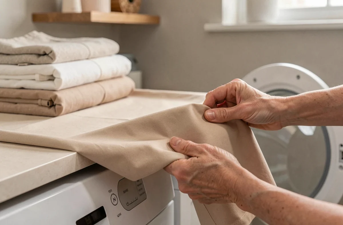 Mains pliant une nappe infroissable beige propre près d'un lave-linge dans une buanderie moderne
