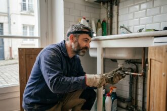 Plombier en urgence réparant une fuite sous un évier dans un appartement à Tours
