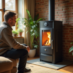 Homme d'âge moyen ajustant un poêle à granulés dans un salon chaleureux