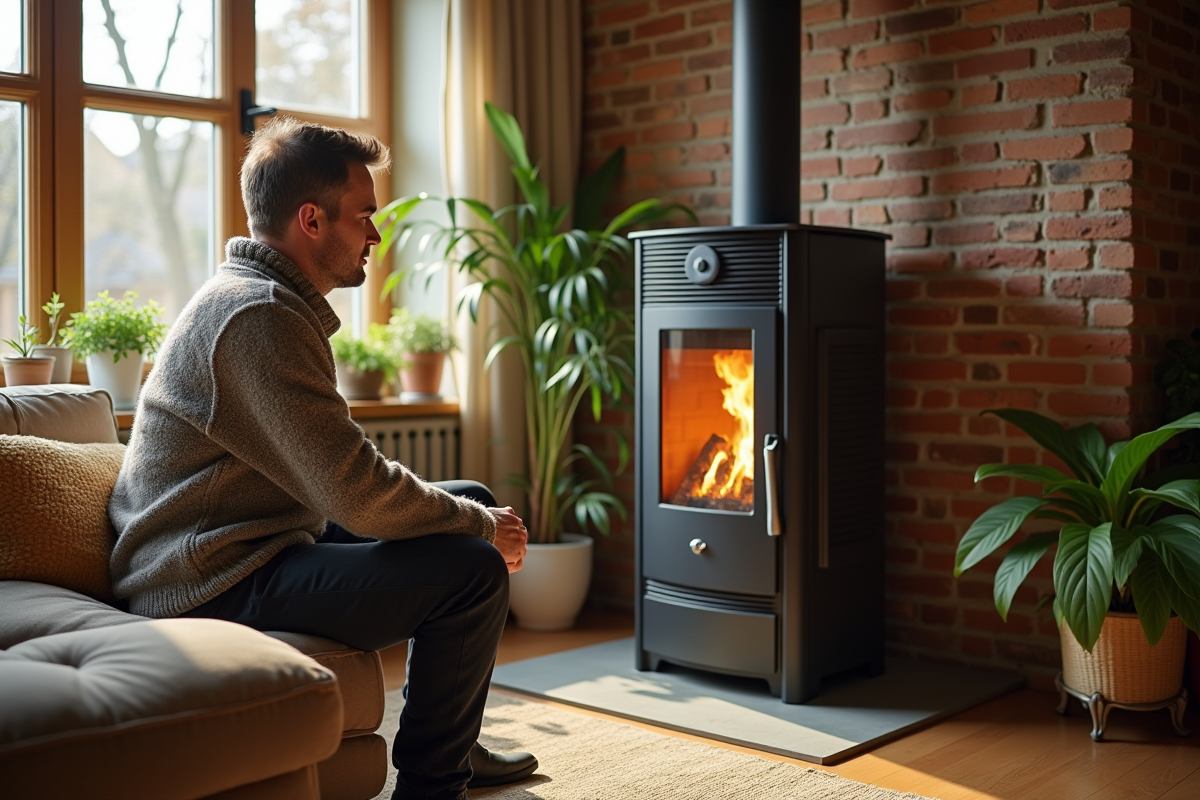 Homme d'âge moyen ajustant un poêle à granulés dans un salon chaleureux
