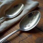 Gros plan sur les poinçons d'authentification gravés sur le manche d'une cuillère en argent ancienne posée sur une table en chêne
