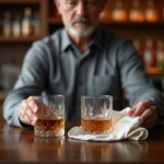 Main masculine essuyant un verre à whisky en cristal avec un chiffon en lin blanc sur une surface en bois sombre