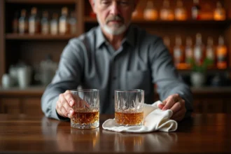 Main masculine essuyant un verre à whisky en cristal avec un chiffon en lin blanc sur une surface en bois sombre