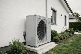 Pompe à chaleur air-eau Atlantic installée en extérieur sur une maison de 100 m2
