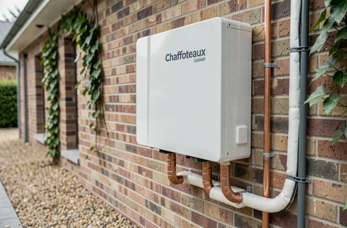 Pompe à chaleur air-eau Chaffoteaux installée sur un mur extérieur en brique avec raccordements cuivre et gaines isolantes