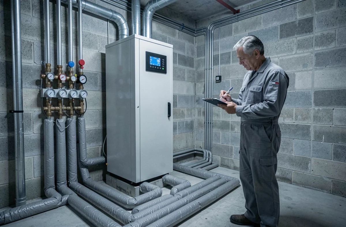 Pompe à chaleur géothermique installée dans une chaufferie résidentielle avec tuyauterie apparente