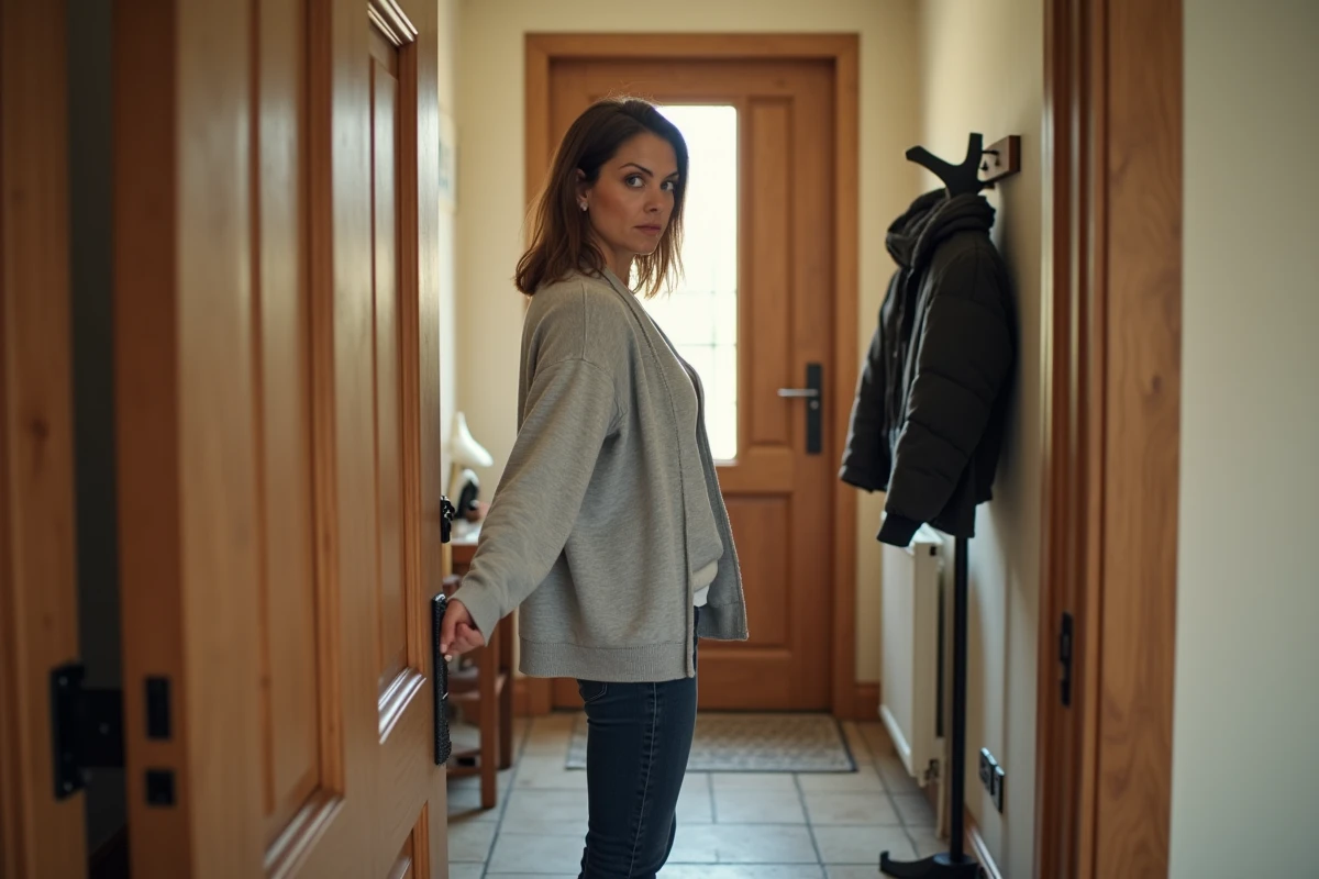 Femme essayant d'ouvrir une porte d'entrée en bois gauchie qui coince dans son cadre à l'intérieur d'un couloir résidentiel