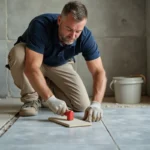 Carreleur professionnel posant du carrelage grand format en grès cérame dans une salle de bain en rénovation