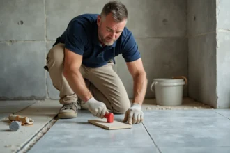 Carreleur professionnel posant du carrelage grand format en grès cérame dans une salle de bain en rénovation