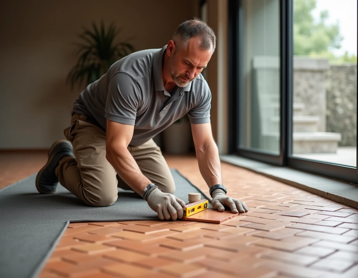 Artisan carreleur posant des carreaux en chevron en terre cuite dans un salon pour orienter visuellement la pièce