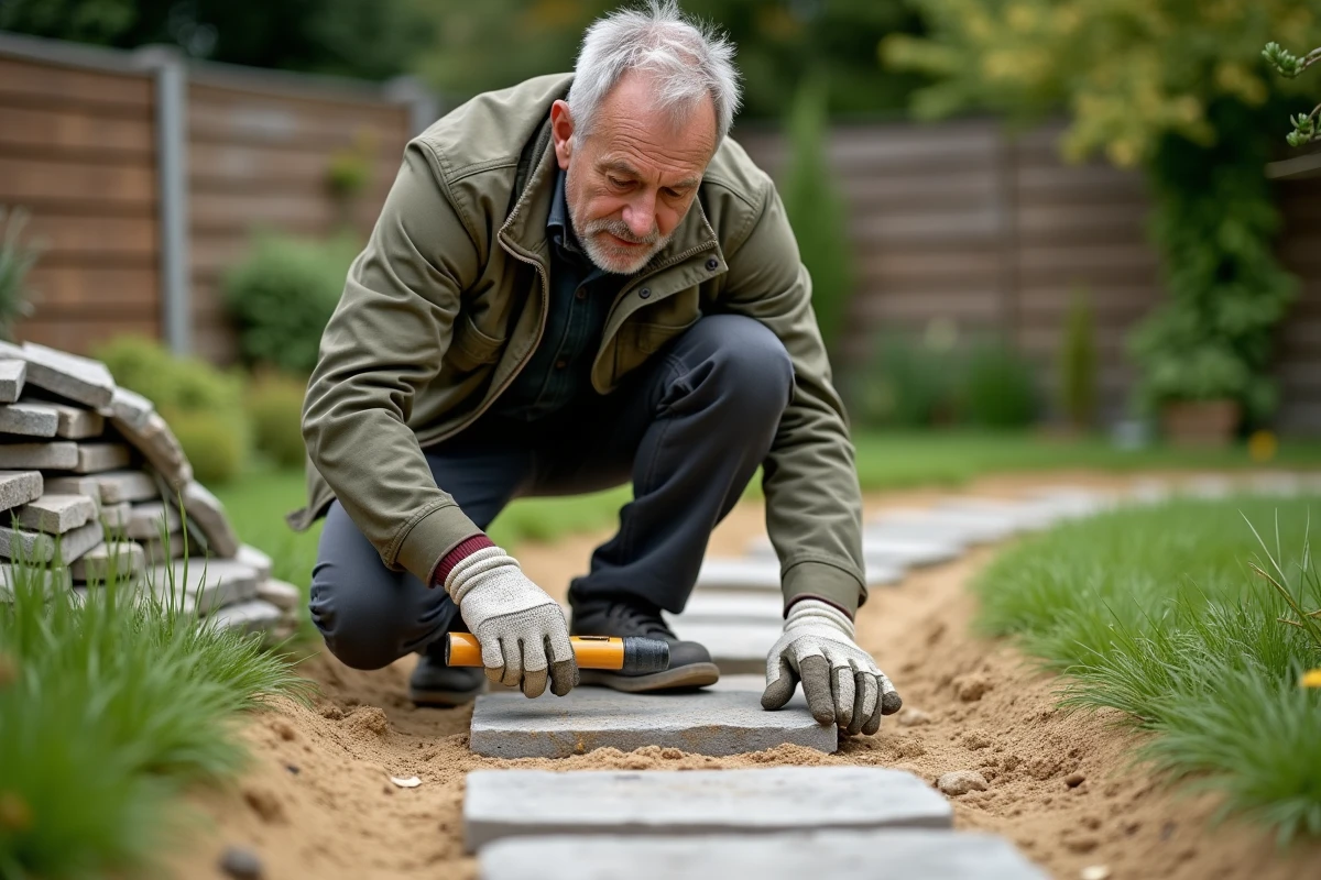 Homme posant des dalles en pierre naturelle sur un lit de sable dans un jardin avec maillet et niveau à bulle