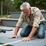 Homme posant des lames de terrasse composite en bois gris dans un jardin suburban, bricolage aménagement extérieur