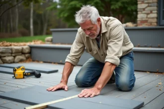 Homme posant des lames de terrasse composite en bois gris dans un jardin suburban, bricolage aménagement extérieur