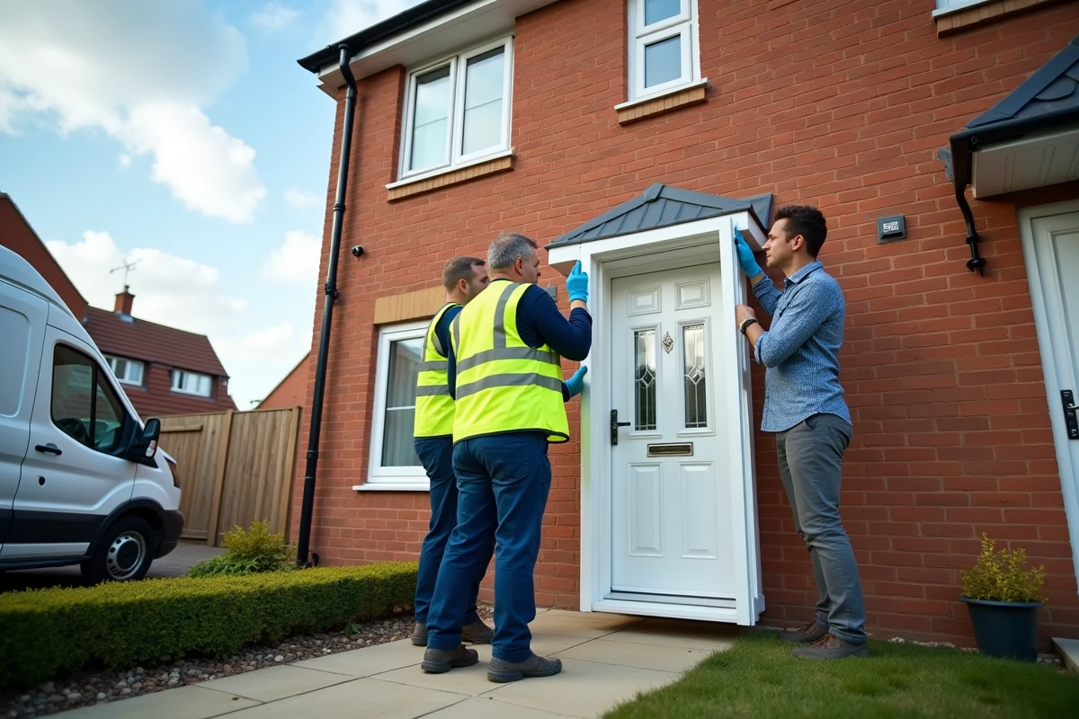 Pose d'une nouvelle porte d'entrée en PVC blanc par deux installateurs sur une maison individuelle en brique