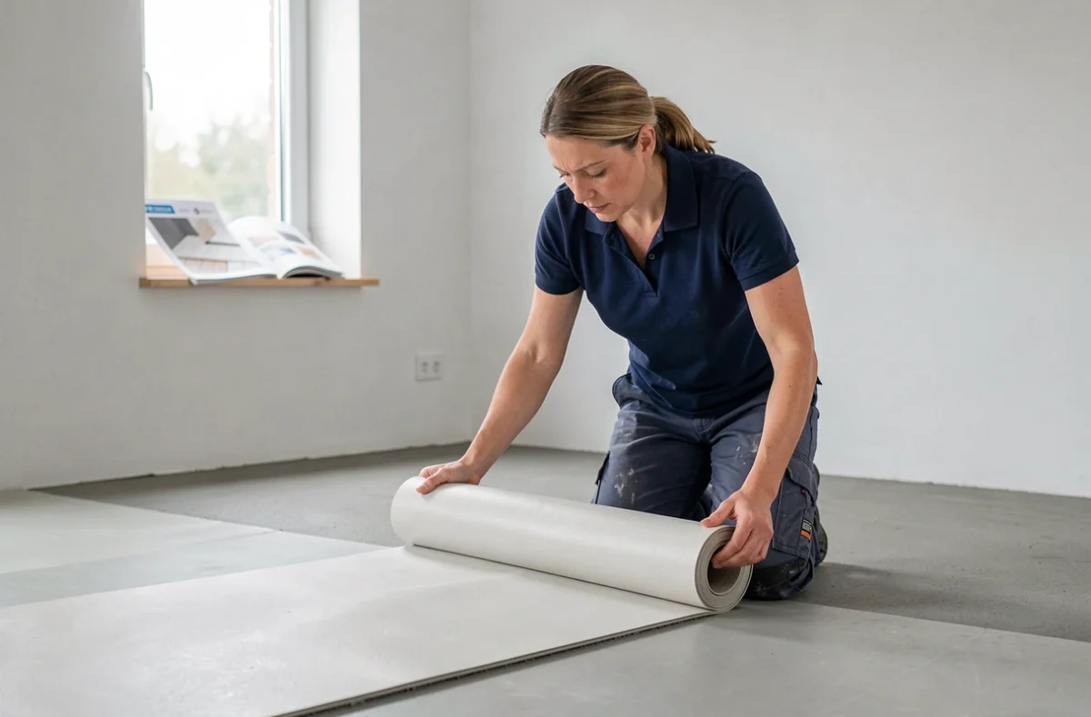 Professionnelle de la rénovation posant un revêtement PVC sur un ragréage fibré sec dans une pièce rénovée