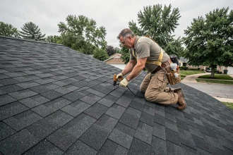 Couvreur posant des shingles bitumineux sur une toiture en pente de maison individuelle