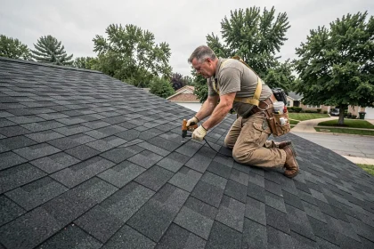 Couvreur posant des shingles bitumineux sur une toiture en pente de maison individuelle
