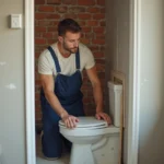 Homme en travaux posant des plaques de plâtre dans une salle de bain