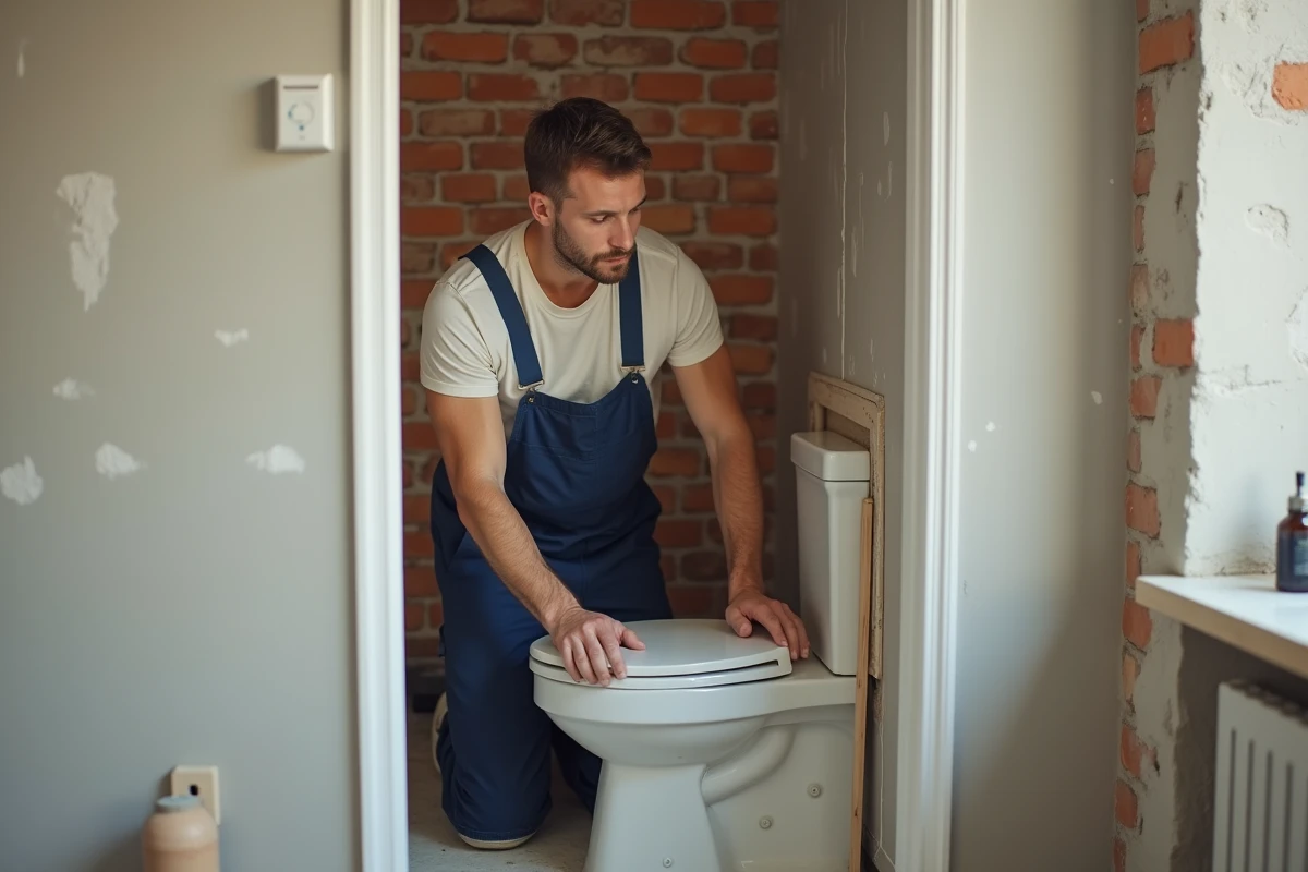 Homme en travaux posant des plaques de plâtre dans une salle de bain