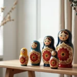 Ensemble de cinq poupées Matriochka russes traditionnelles peintes à la main disposées sur une étagère en chêne dans un intérieur scandinave