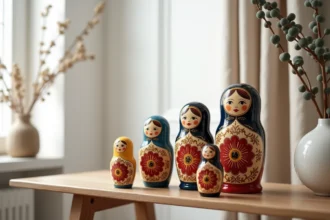 Ensemble de cinq poupées Matriochka russes traditionnelles peintes à la main disposées sur une étagère en chêne dans un intérieur scandinave