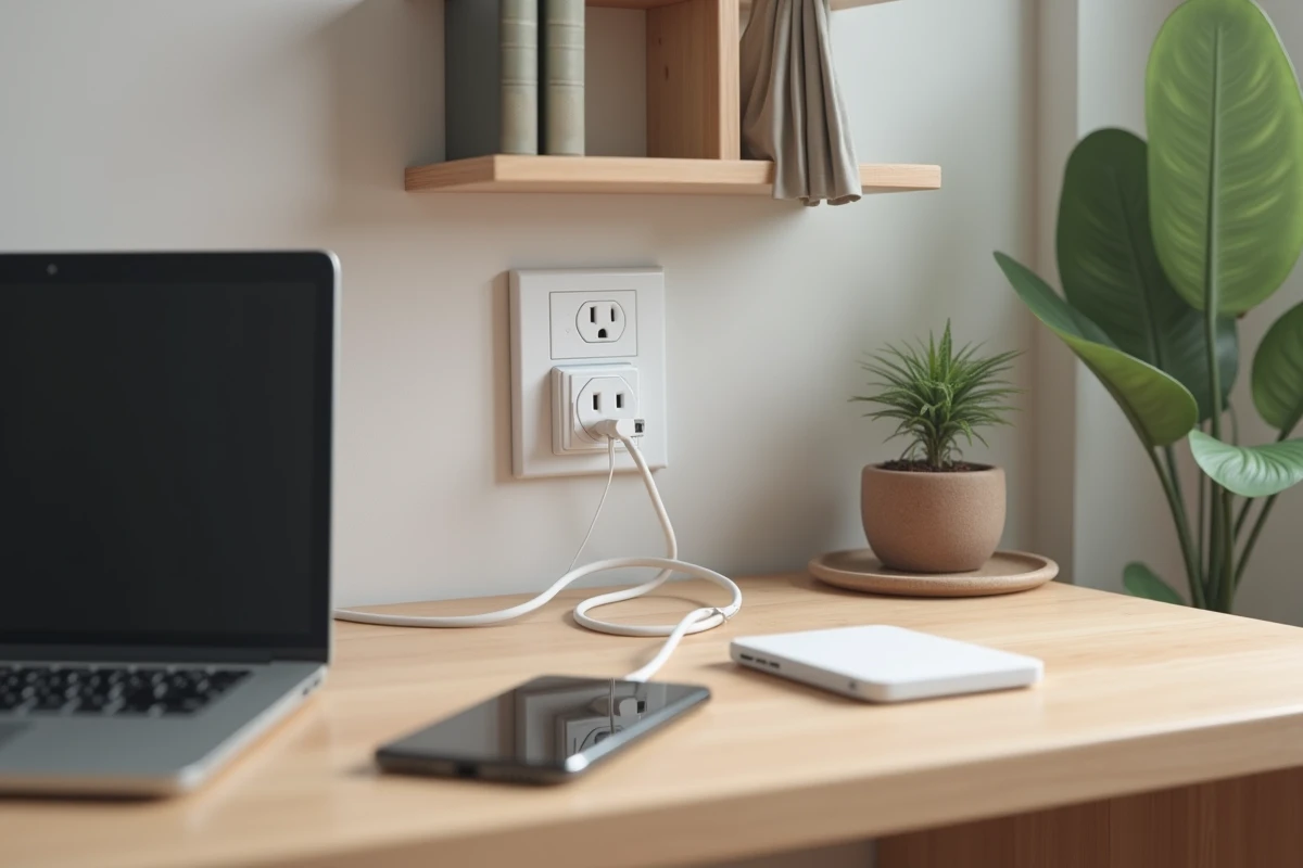 Prise double Legrand reliée à une multiprise dans un bureau à domicile avec appareils électroniques branchés
