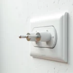 Prise double Legrand encastrée dans un mur blanc avec deux fiches électriques européennes branchées