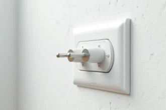Prise double Legrand encastrée dans un mur blanc avec deux fiches électriques européennes branchées