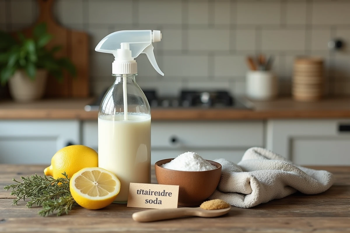 Produits naturels anti-moisissures disposés sur une table en bois : bicarbonate, citron, vinaigre et huile essentielle d'arbre à thé