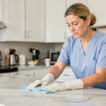 Professionnelle de ménage à domicile nettoyant un plan de travail de cuisine moderne avec soin