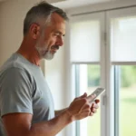 Homme programmant un volet roulant Somfy avec une télécommande Telis dans un salon moderne