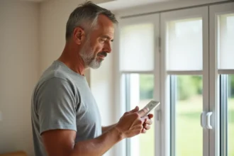Homme programmant un volet roulant Somfy avec une télécommande Telis dans un salon moderne