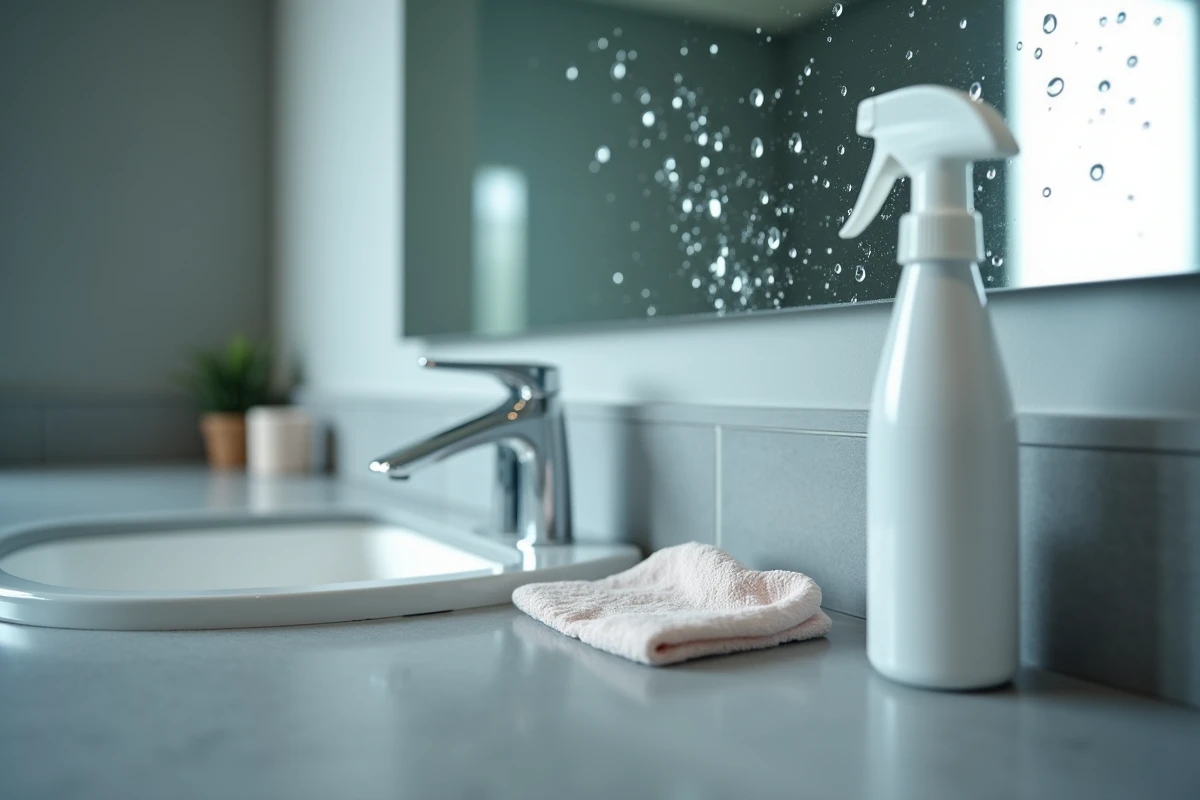 Gros plan sur les projections de dentifrice séchées sur un miroir de salle de bain avec produit nettoyant et essuie-tout